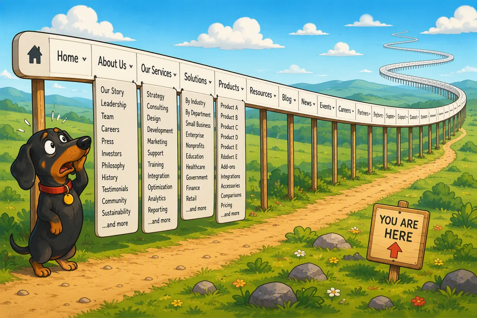 A cartoon dachshund stares up at a huge, endlessly long website navigation bar with dropdown menus.