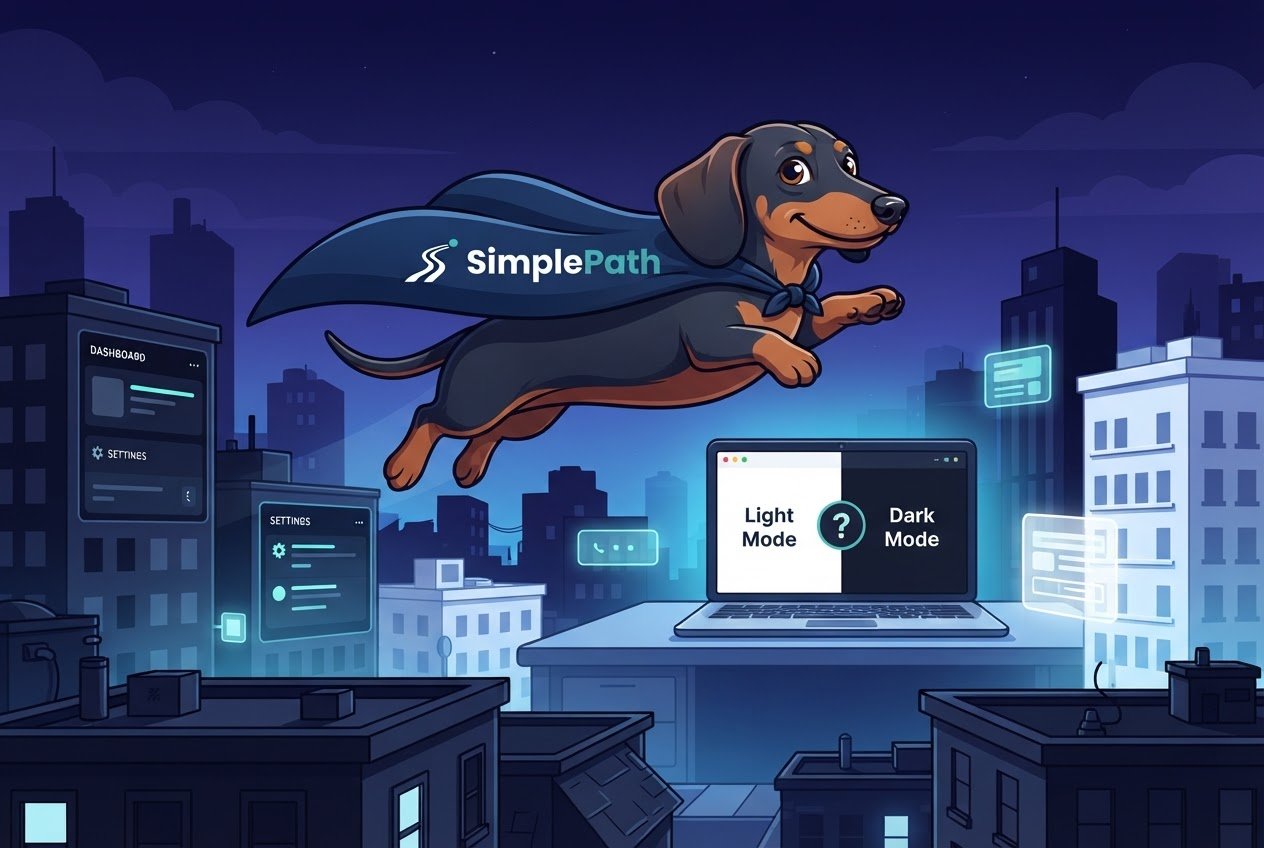 A cartoon superhero dachshund wearing a SimplePath cape flies over a city, near a laptop showing Light Mode and Dark Mode.