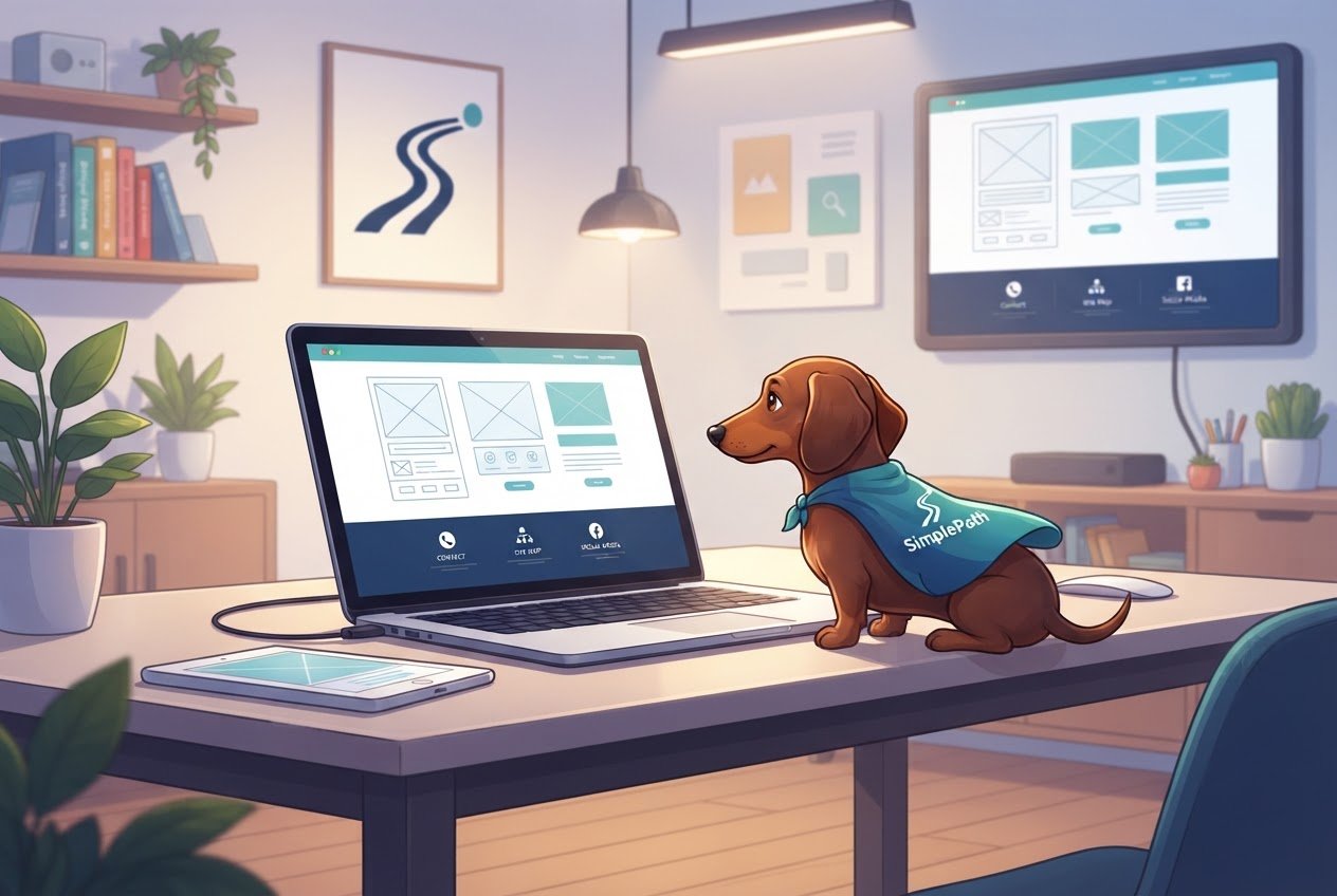 A brown dachshund in a blue SimplePath cape looks at a laptop showing a website footer layout.