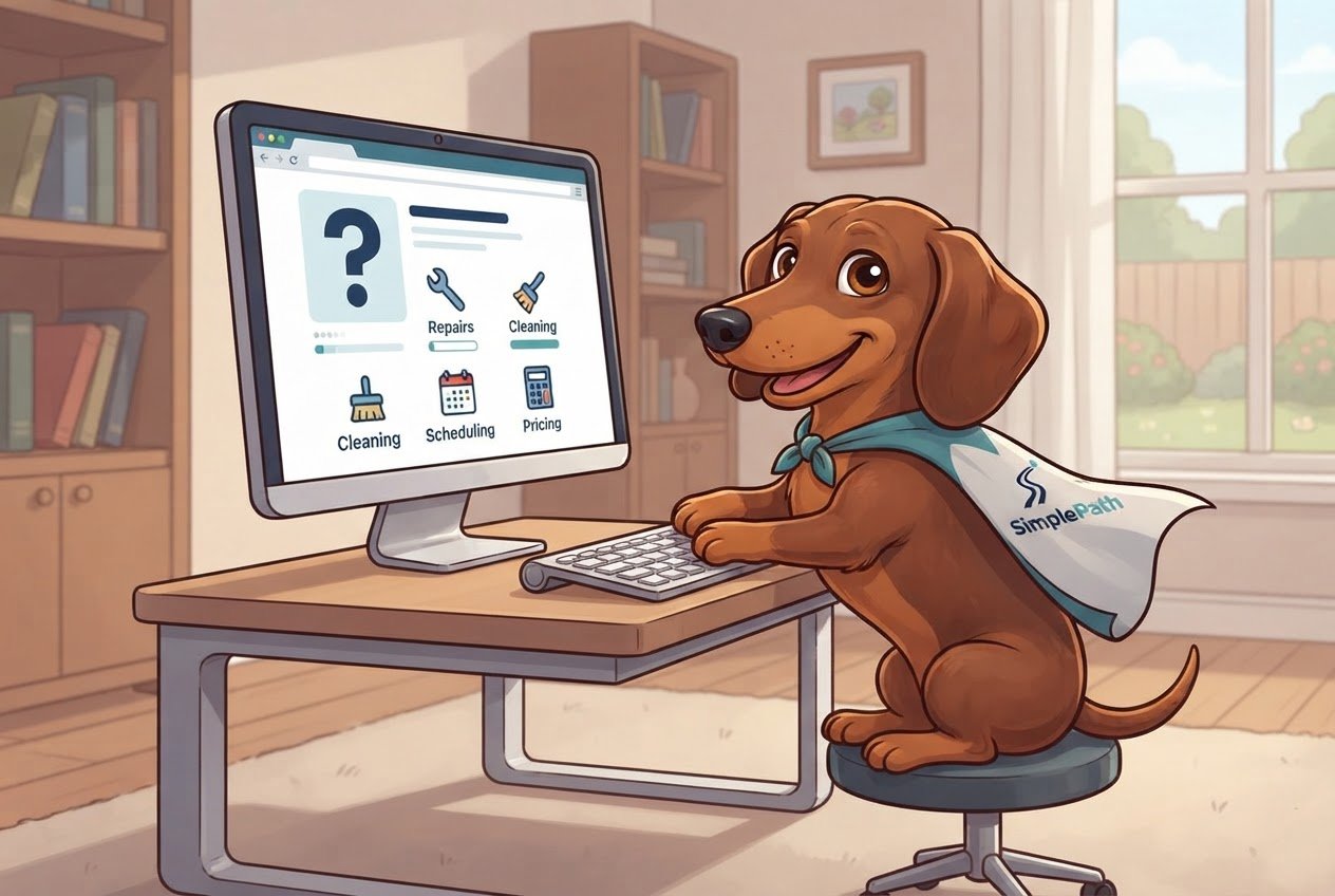 A cartoon sausage dog wearing a SimplePath cape types at a computer showing a question mark and service icons.