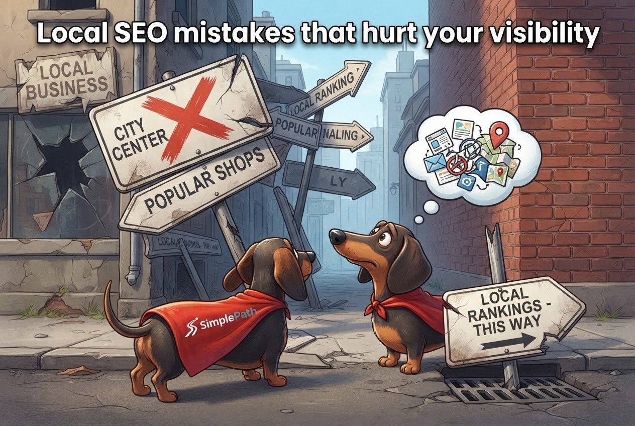 Two cartoon dachshunds in red capes stand before crossed-out signs, one looking up at a thought bubble of map.