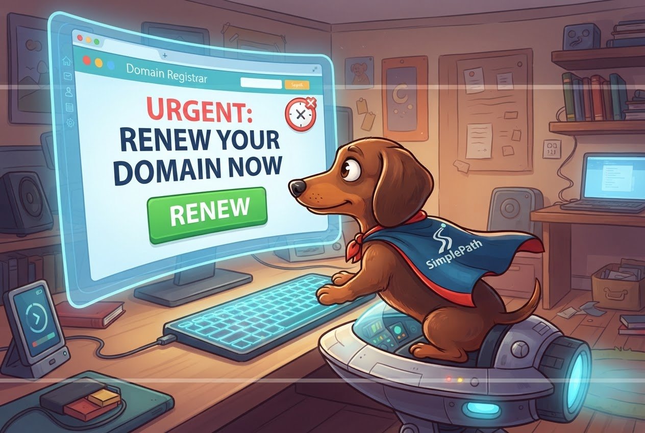 A cartoon sausage dog in a blue SimplePath cape sits on a hovering pod.