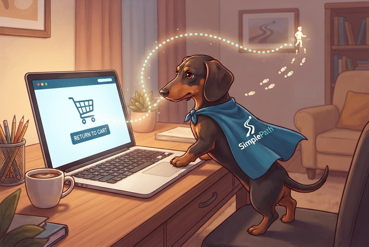 A dachshund in a blue SimplePath cape leans over a laptop showing a Return to Cart button.