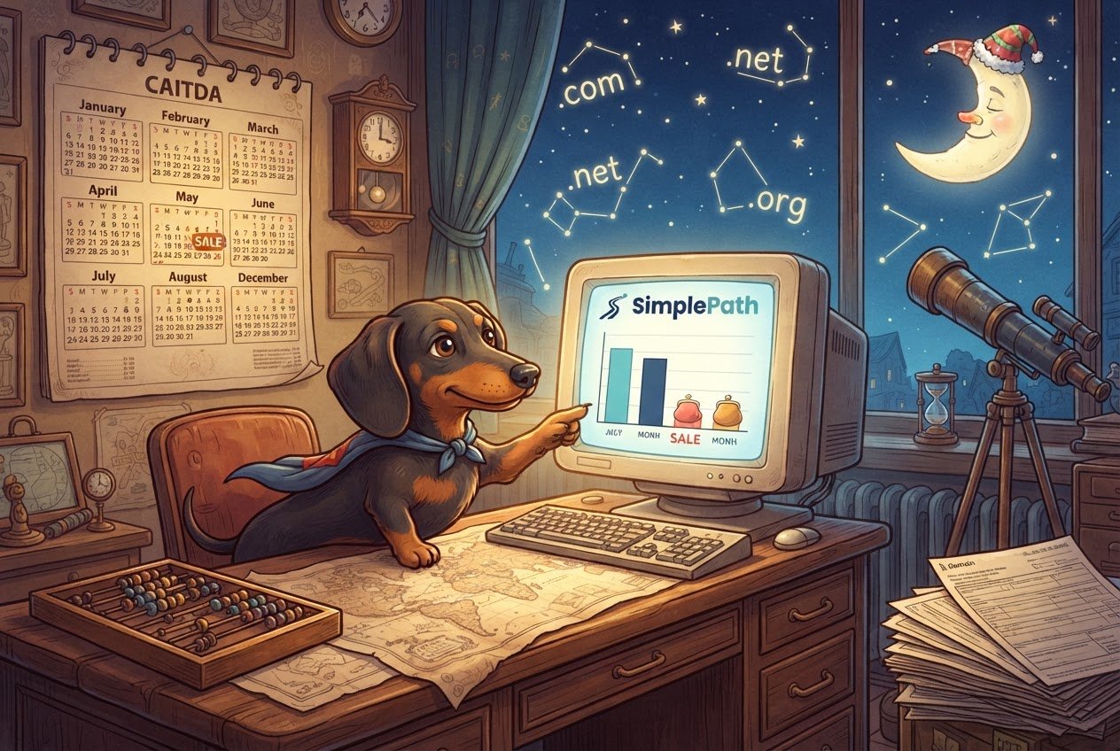A cartoon dachshund in a blue cape points at a computer screen showing a bar chart with a SALE tag, beside a calendar.