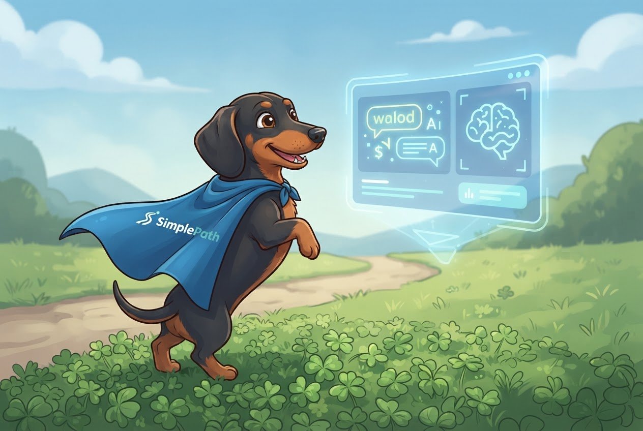 A cartoon dachshund in a blue SimplePath cape gazes at a glowing screen showing a brain icon and chat bubbles.