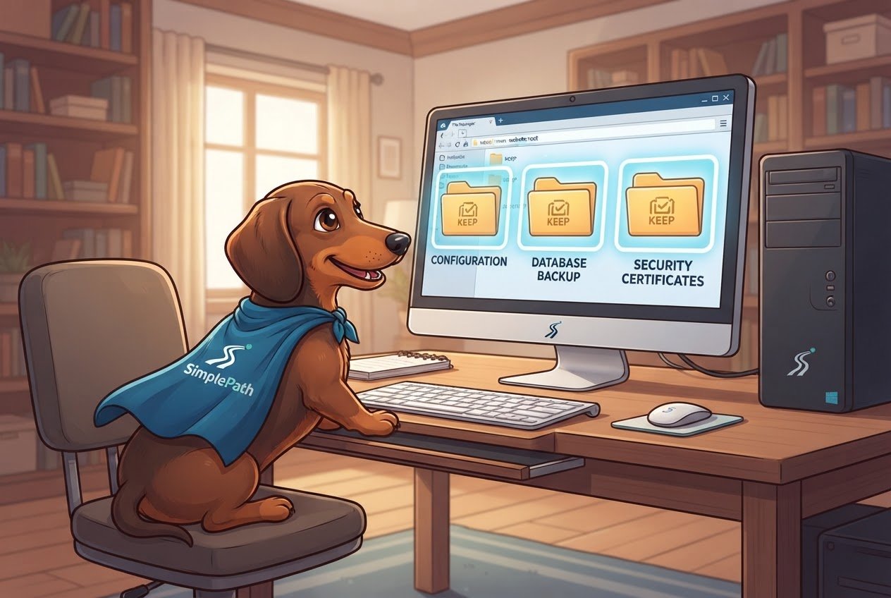 A cartoon dachshund in a SimplePath cape guards three folders marked KEEP on a computer screen.